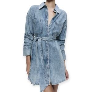 Alice + Olivia Jeans Brigita Belted Acid Wash Denim Mini Shirt Dress Size‎ Large